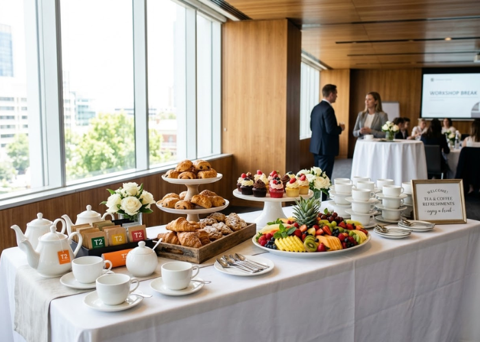 bàn tiệc teabreak với bánh ngọt và trái cây