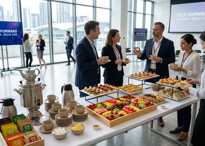 khu vực tea break trong hội thảo doanh nghiệp